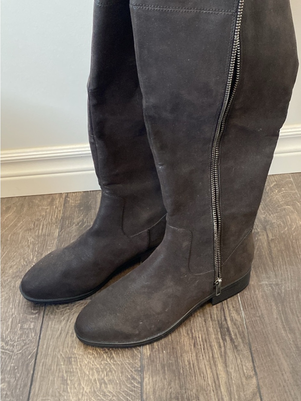 Dark Grey Suede Knee-High Zip Riding Boots - Women